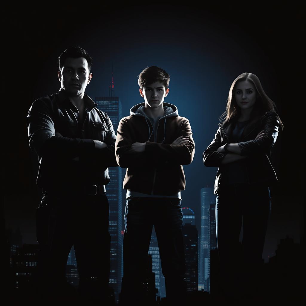 A dark urban scene featuring a stark black or dark blue background, illuminated by dramatic neon lights and glimmering city buildings, evoking a sense of mystery and crime