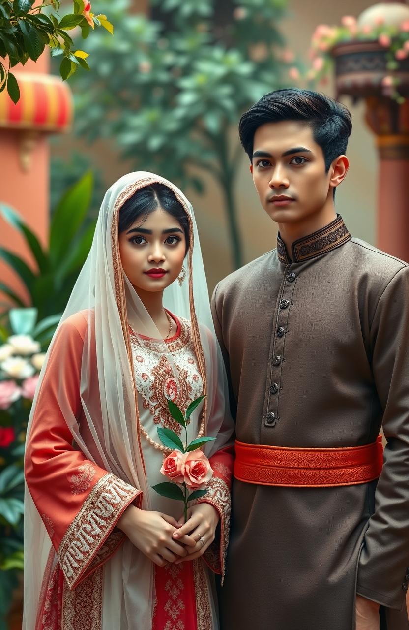 A beautiful scene depicting a girl in traditional full parda (veil) with intricate embroidery, holding a delicate kaghzi phool (paper flower) in her hand