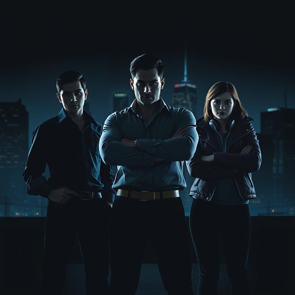 In a dark urban scene with a black or dark blue background illuminated by dramatic neon lights and the faint glow from city buildings at night, three silhouettes stand in front of a skyline symbolizing an urban secret mission