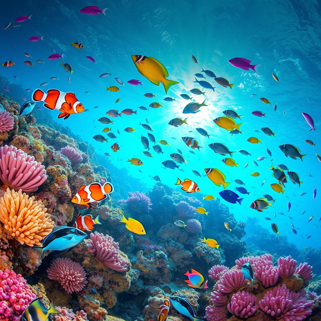 A vibrant underwater scene featuring a variety of colorful fish swimming among coral reefs