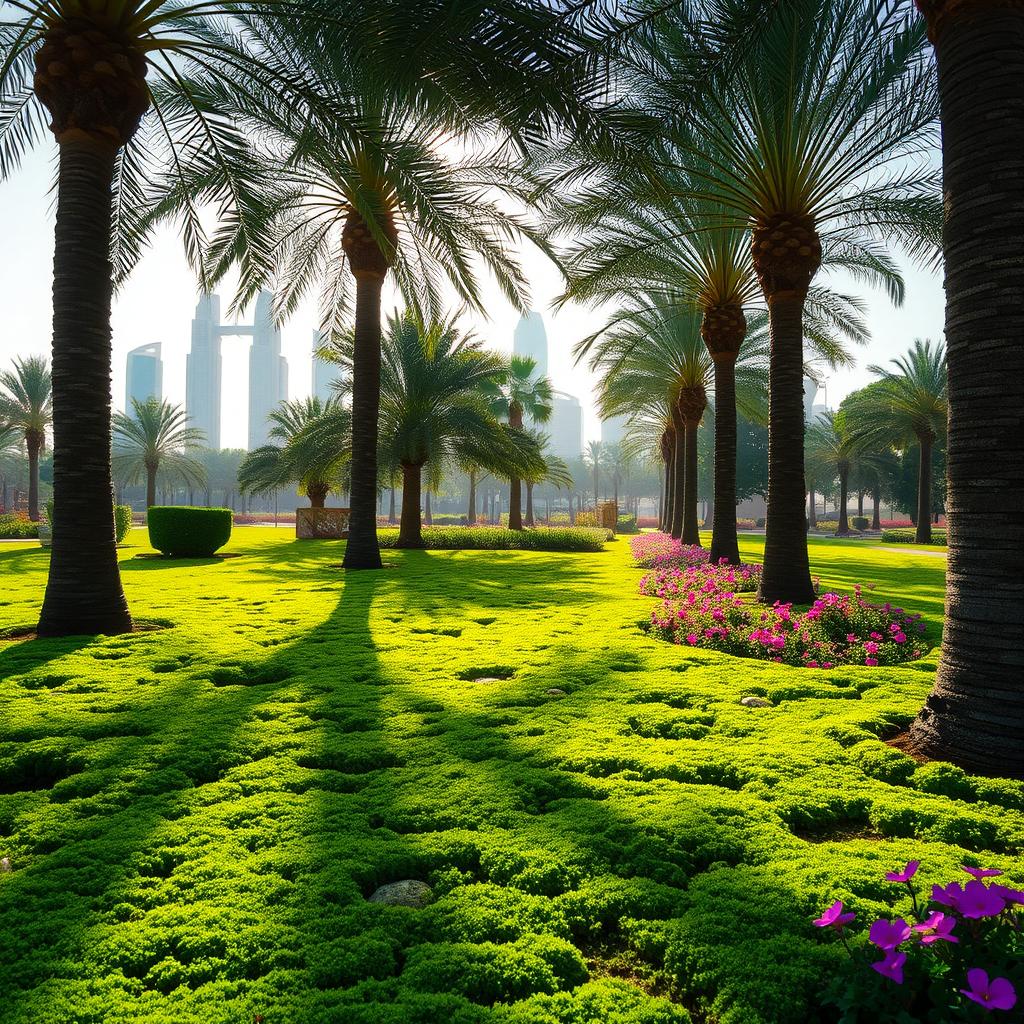 A serene landscape showcasing the lush greenery of Grand Moss in Abu Dhabi, featuring thick moss carpet covering the ground, tall palm trees swaying gently in the breeze, and vibrant flowers in bloom
