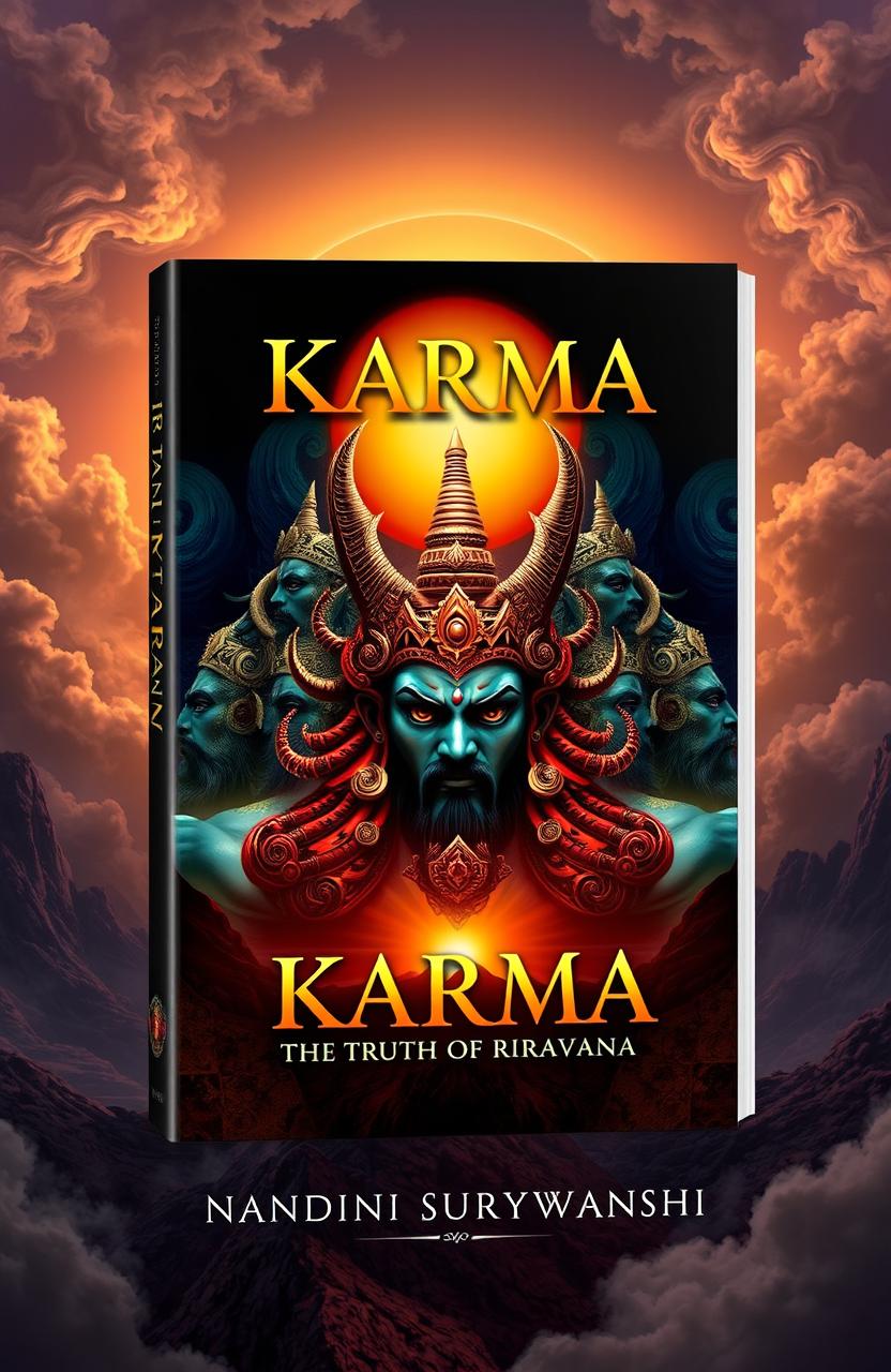 A visually striking book cover design for 'Karma: The Truth of Ravana' by Nandini Suryawanshi