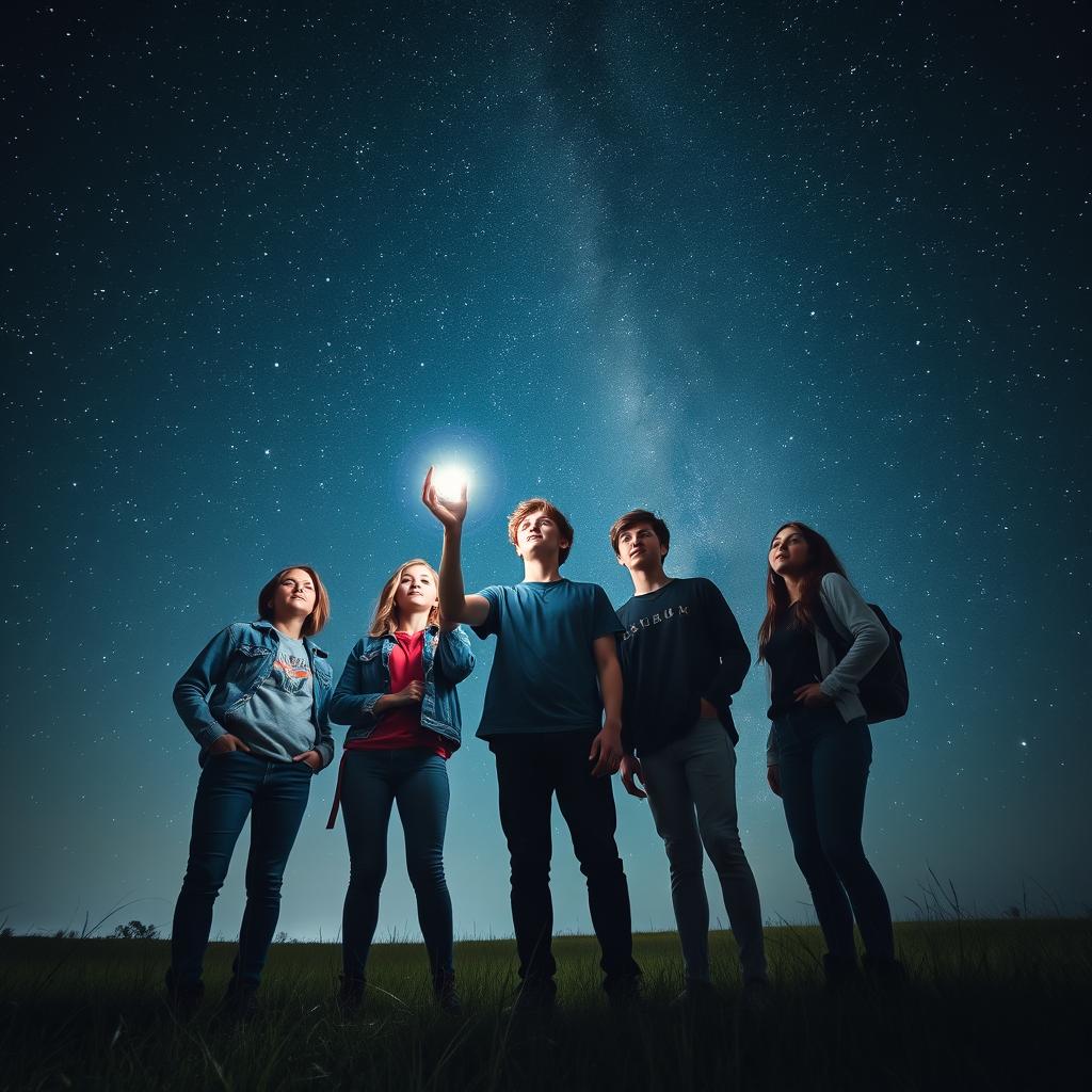 A group of teenagers stands together in an expansive open field under a breathtaking night sky illuminated by a multitude of bright constellations