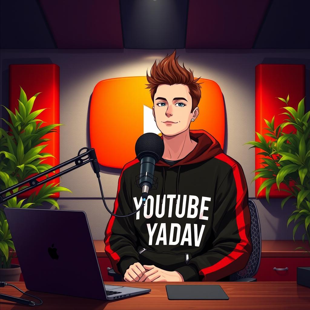 An 18-year-old anime boy with spiky brown hair styled like Elon Musk, sitting at a desk in front of a large microphone and a laptop