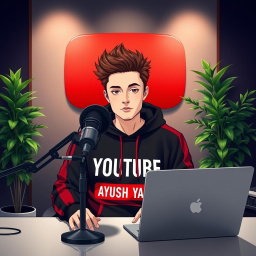 An 18-year-old anime boy with spiky brown hair styled like Elon Musk, sitting at a desk in front of a large microphone and a laptop