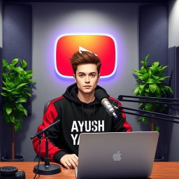 An 18-year-old anime boy with spiky brown hair styled like Elon Musk, sitting at a desk in front of a large microphone and a laptop