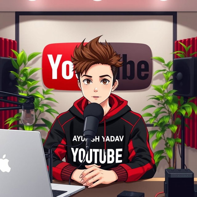 An 18-year-old anime boy with spiky brown hair styled like Elon Musk, sitting at a desk in front of a large microphone and a laptop