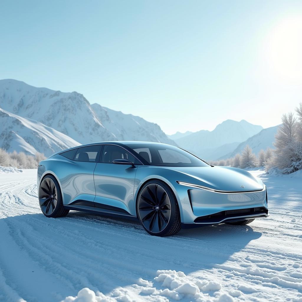 A unique four-door electric sedan with a lift-back design, rendered in a hyper-realistic style featuring a modern, fashionable design with smooth lines in metallic light blue tones