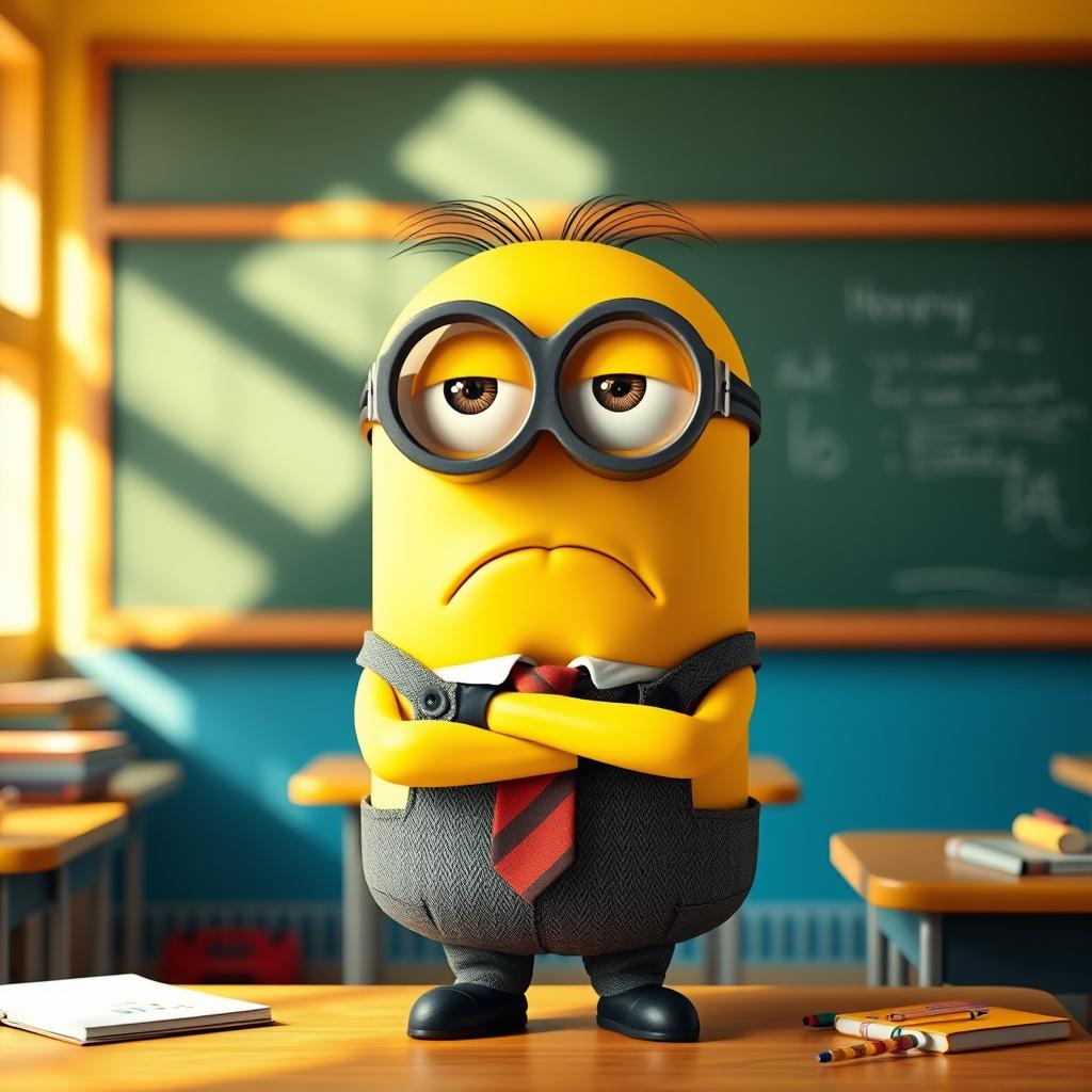 A sad minion teacher standing in a colorful classroom, wearing a slightly oversized pair of glasses, with a chalkboard behind them that has a few scribbles
