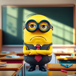 A sad minion teacher standing in a colorful classroom, wearing a slightly oversized pair of glasses, with a chalkboard behind them that has a few scribbles
