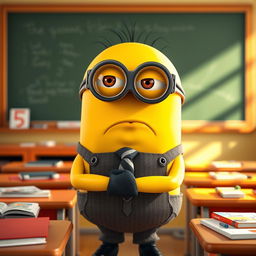A sad minion teacher standing in a colorful classroom, wearing a slightly oversized pair of glasses, with a chalkboard behind them that has a few scribbles