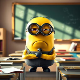 A sad minion teacher standing in a colorful classroom, wearing a slightly oversized pair of glasses, with a chalkboard behind them that has a few scribbles