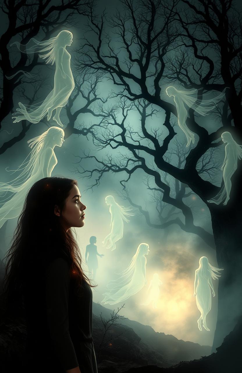 The protagonist, a young adult with Chronestesia, stands at the edge of a mysterious forest that seems to shift between timelines