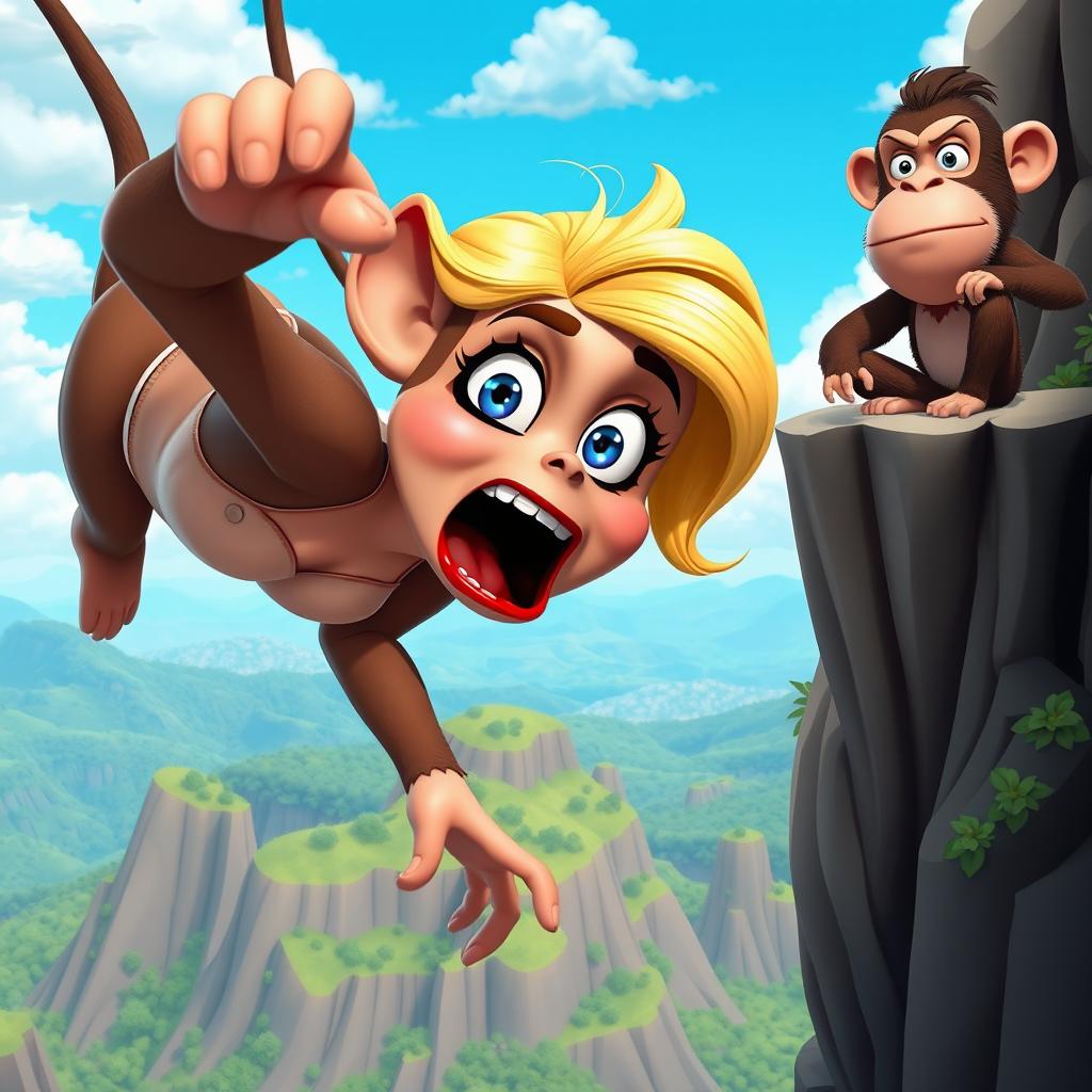 A sexy blonde 3D toon monkey woman with vibrant blue eyes and luscious red lips is dramatically falling off a cliff, her face displaying a scared expression as she plummets through the air