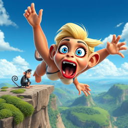 A sexy blonde 3D toon monkey woman with vibrant blue eyes and luscious red lips is dramatically falling off a cliff, her face displaying a scared expression as she plummets through the air