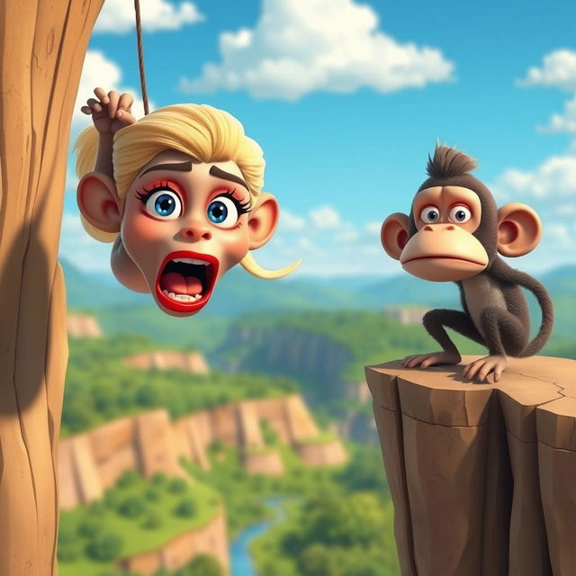A sexy blonde 3D toon monkey woman with vibrant blue eyes and luscious red lips is dramatically falling off a cliff, her face displaying a scared expression as she plummets through the air