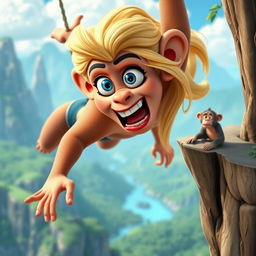 A sexy blonde 3D toon monkey woman with vibrant blue eyes and luscious red lips is dramatically falling off a cliff, her face displaying a scared expression as she plummets through the air