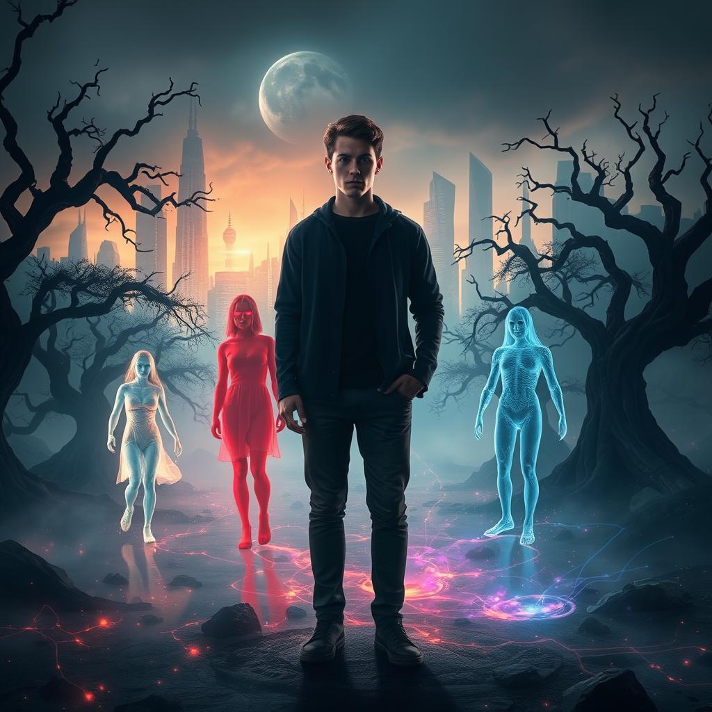 The protagonist, a young gay man with Chronestesia, stands amidst an otherworldly landscape that blends elements of past, present, and future