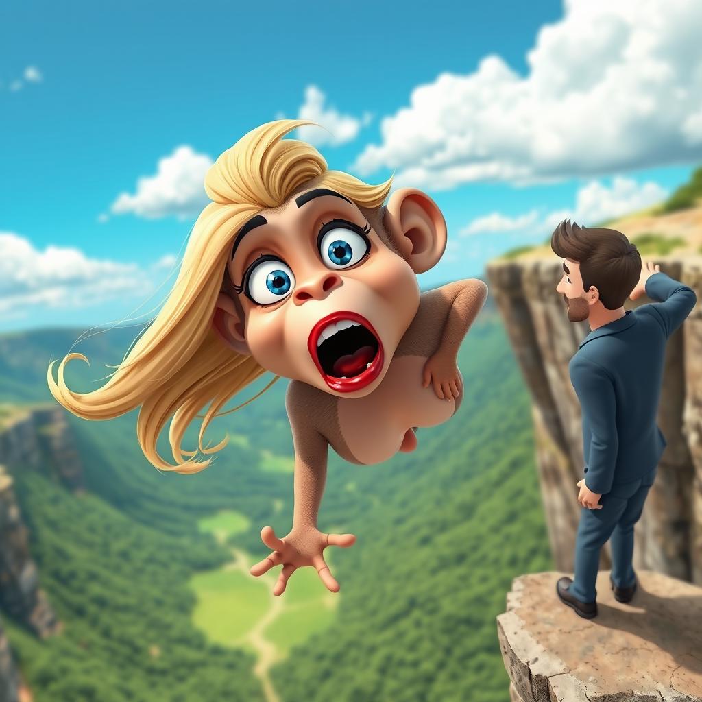 A sexy blonde 3D toon monkey woman with vibrant blue eyes and glossy red lips, displaying a scared expression as she falls off a cliff