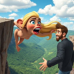 A sexy blonde 3D toon monkey woman with vibrant blue eyes and glossy red lips, displaying a scared expression as she falls off a cliff