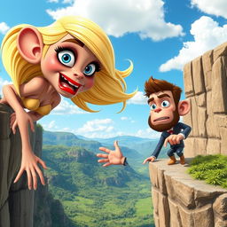 A sexy blonde 3D toon monkey woman with vibrant blue eyes and glossy red lips, displaying a scared expression as she falls off a cliff