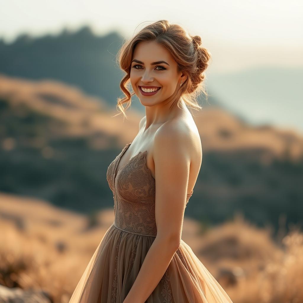 A beautiful woman wearing an elegant dress, showcasing her graceful pose in a picturesque outdoor setting