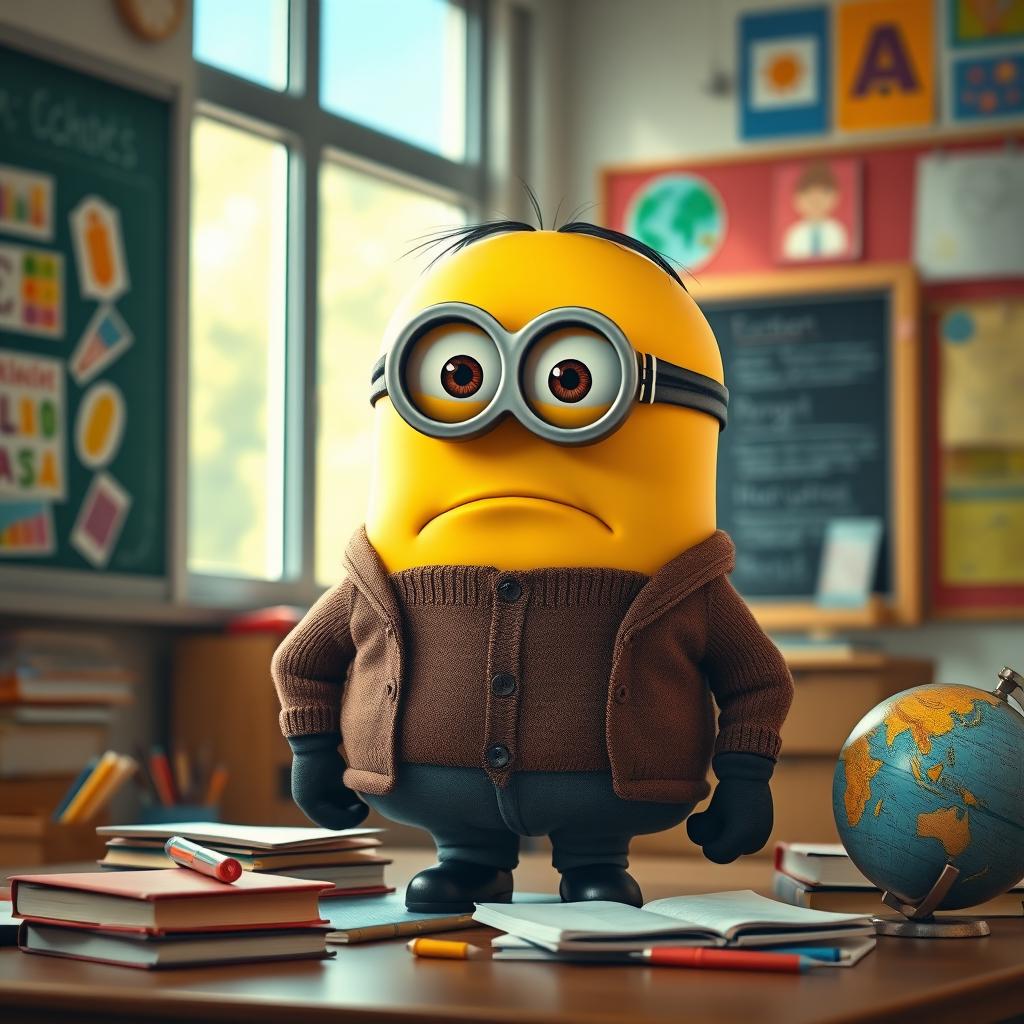 A sad Minion character dressed as a teacher, standing in a classroom filled with colorful educational posters and a chalkboard