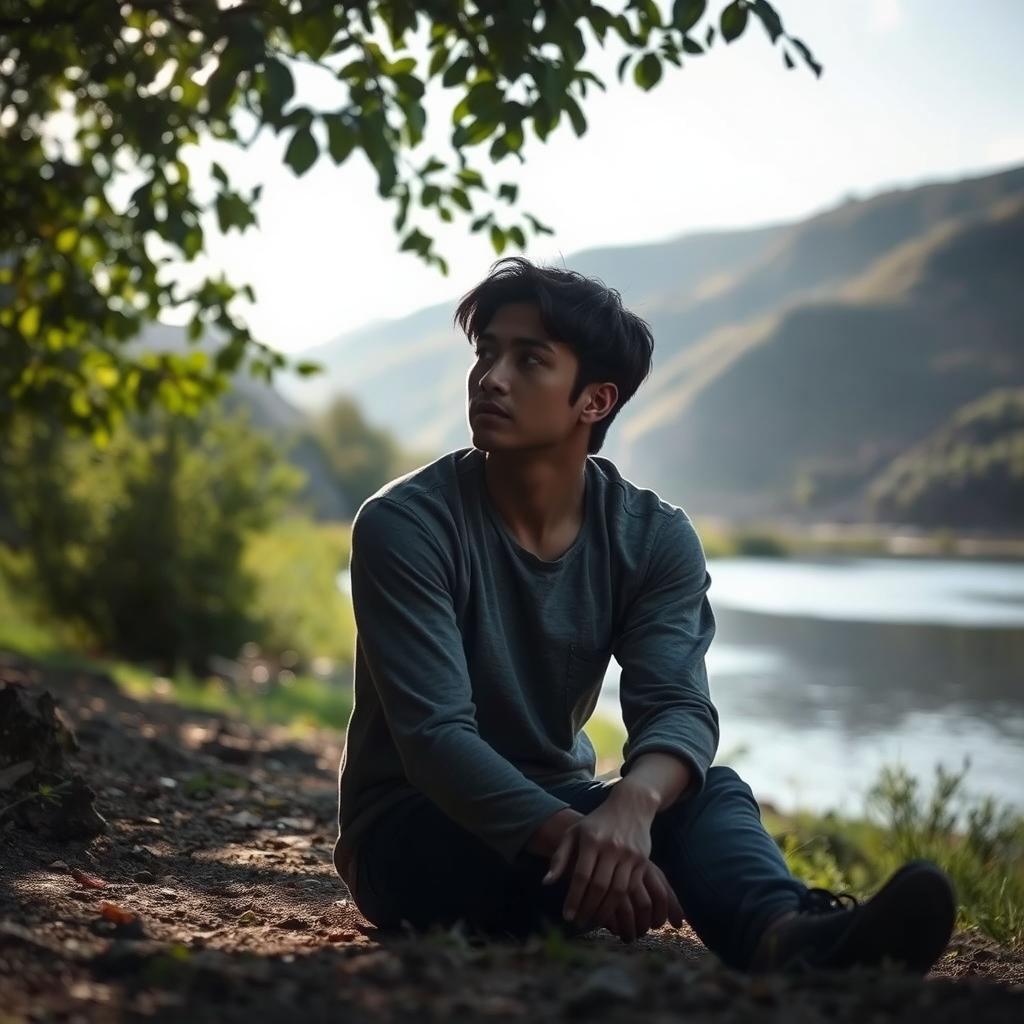 A contemplative self-portrait of a person sitting alone in a quiet, serene environment, surrounded by nature