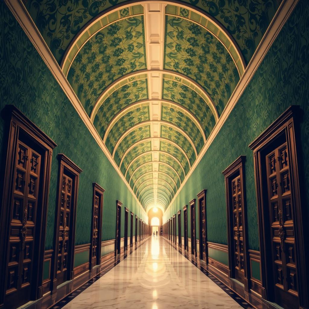 A long, tall corridor with a high ceiling shaped like a dome, featuring elegant arches