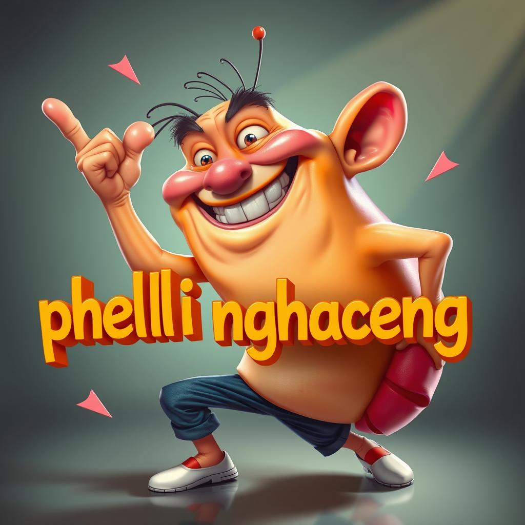 A highly detailed, realistic 5D caricature of a phallviceae character in a dynamic and funny pose, showcasing vibrant and beautiful lighting that enhances the humor of the scene