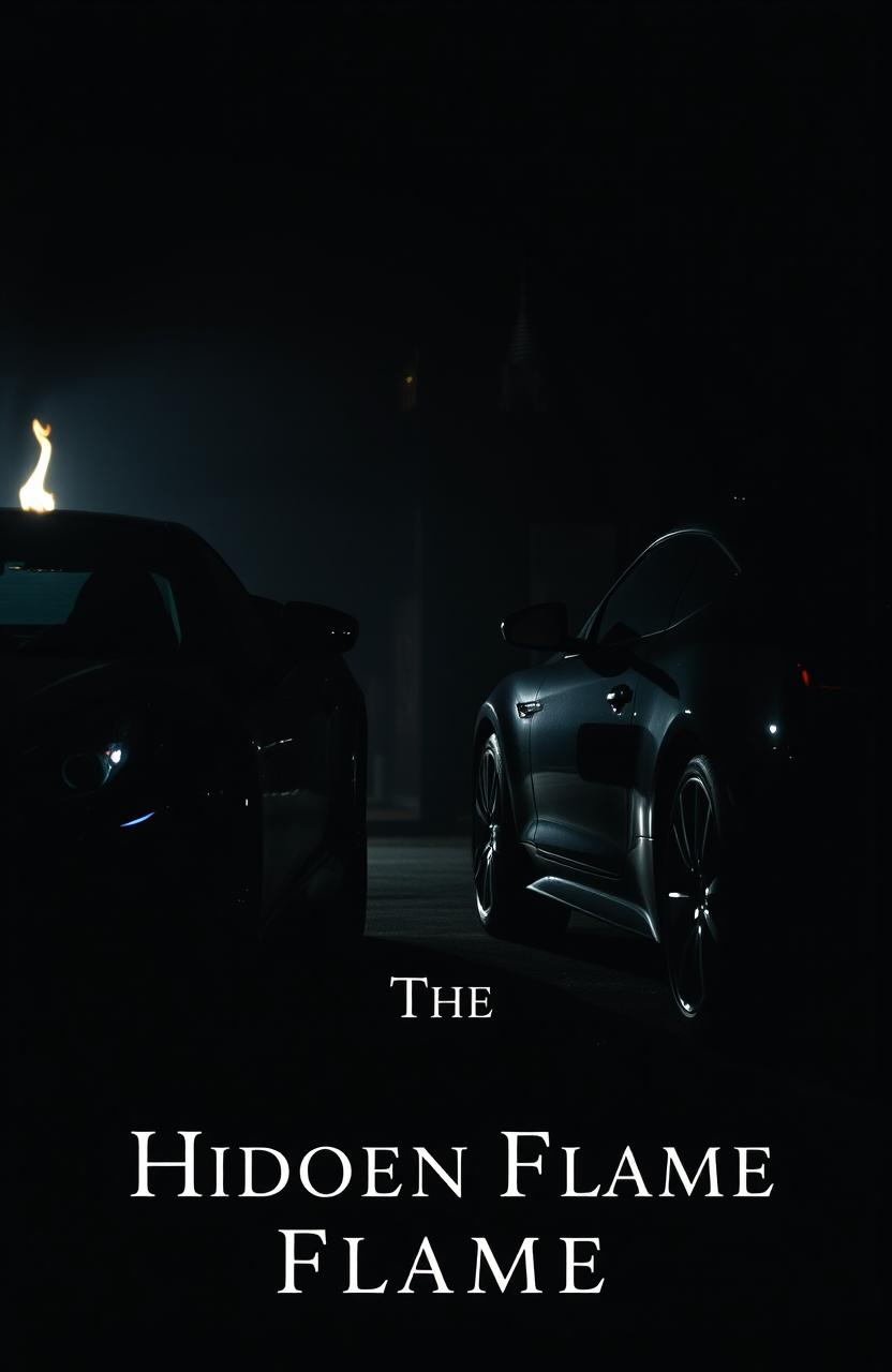 A dramatic scene featuring two dark, shadowy cars parked in a dimly lit environment