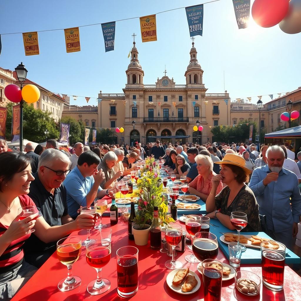 A vibrant and lively outdoor scene depicting the celebration of the longest vermouth (vermut) event in the world