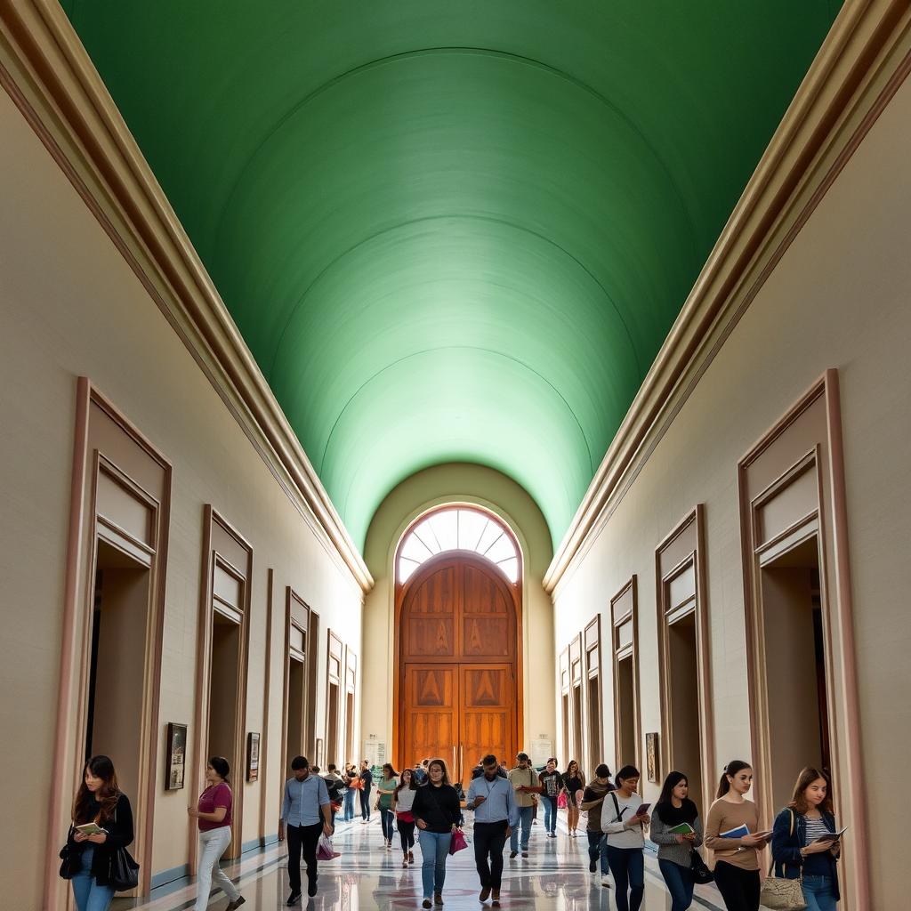 A long and tall corridor with a high dome-shaped ceiling, featuring smooth green interior walls