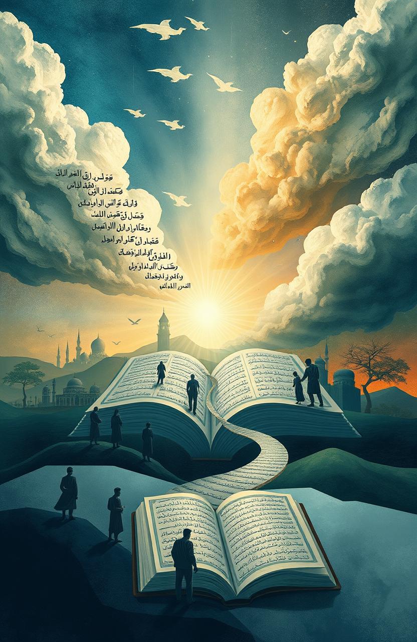 A thought-provoking and abstract representation of the convergence of textual and contextual interpretations in Tafsir