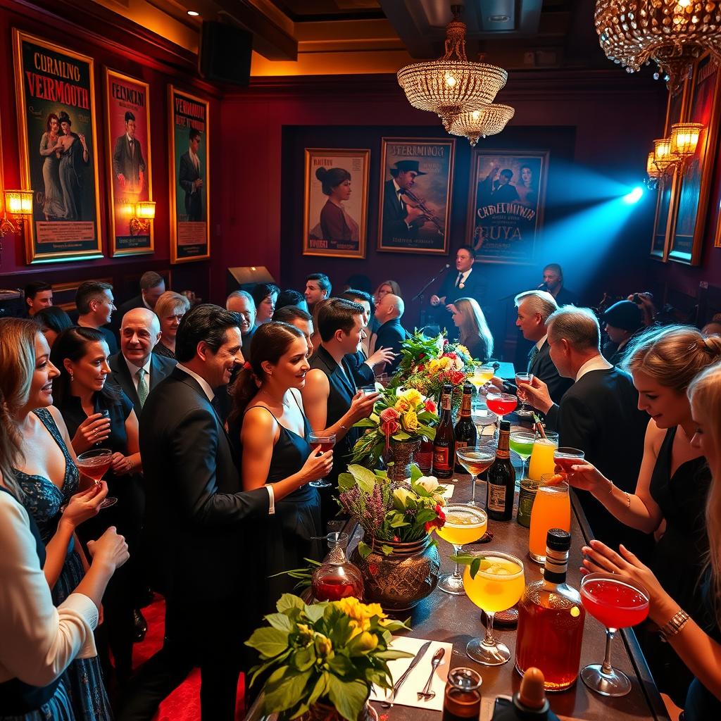 A vibrant and engaging scene capturing the atmosphere of an elaborate vermouth tasting event held in a grand cinema