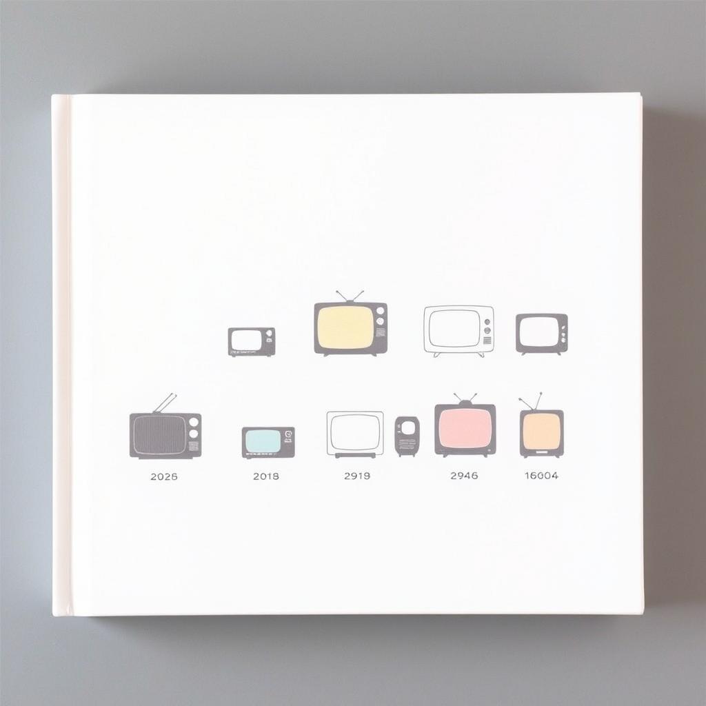 A minimalist book cover design depicting the historical evolution of the television set up to the 1960s