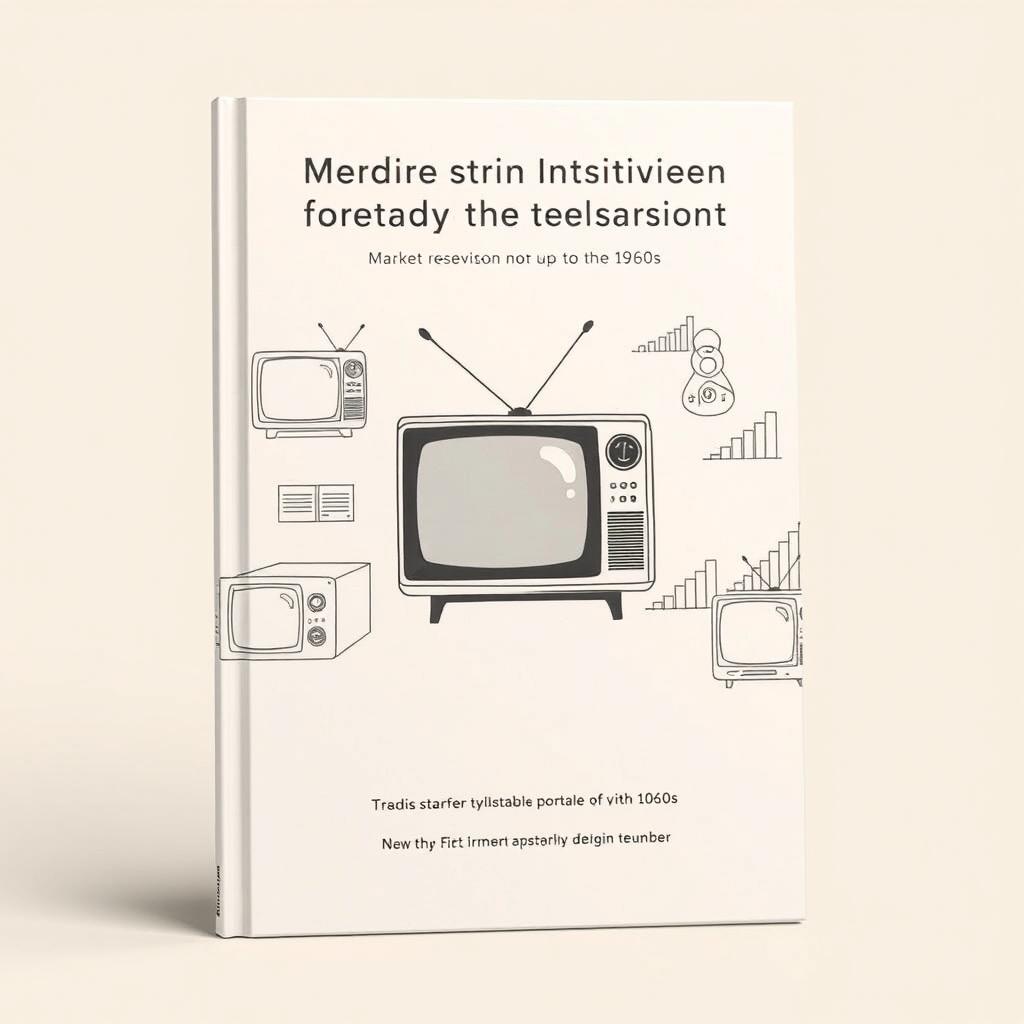 A minimalist book cover that illustrates the historical evolution of the television set up to the 1960s, with a focus on market research for portable televisions