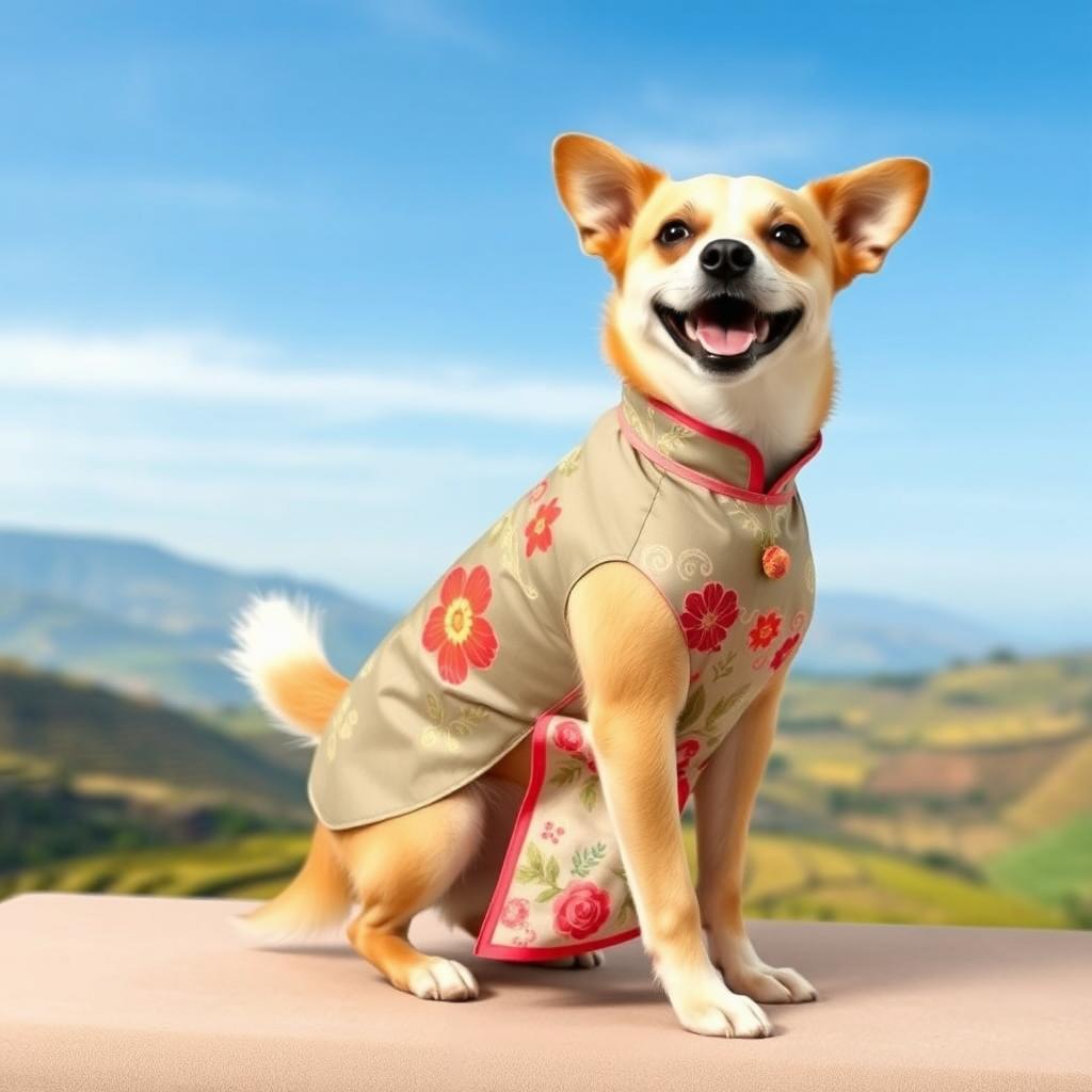 A cute dog wearing a traditional Vietnamese ao dai, the long tunic flowing elegantly over its body