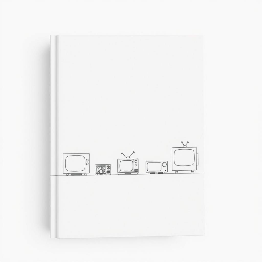 A minimalist book cover depicting the historical evolution of the television set up to the 1960s, focusing on market research for portable televisions