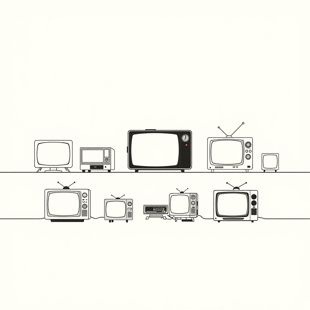 A minimalist book cover that illustrates the historical evolution of television from its early days to the 1960s, with an emphasis on market research related to portable televisions