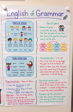 A visually engaging educational infographic about English grammar, featuring key topics such as parts of speech (nouns, verbs, adjectives, adverbs), sentence structure, punctuation rules, and tips for correct usage