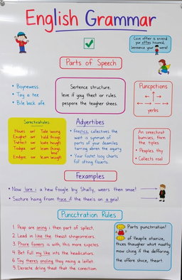 A visually engaging educational infographic about English grammar, featuring key topics such as parts of speech (nouns, verbs, adjectives, adverbs), sentence structure, punctuation rules, and tips for correct usage