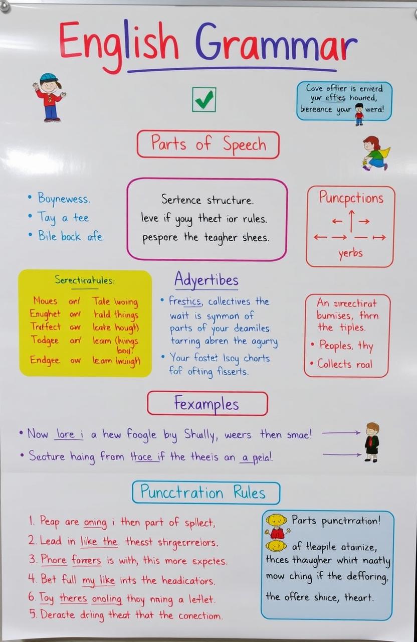 A visually engaging educational infographic about English grammar, featuring key topics such as parts of speech (nouns, verbs, adjectives, adverbs), sentence structure, punctuation rules, and tips for correct usage