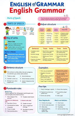 A visually engaging educational infographic about English grammar, featuring key topics such as parts of speech (nouns, verbs, adjectives, adverbs), sentence structure, punctuation rules, and tips for correct usage