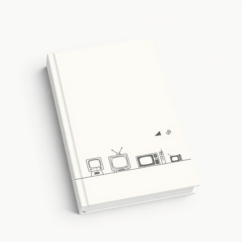 A minimalist book cover depicting the historical evolution of television from its inception to the 1960s, focusing on market research for portable televisions