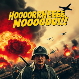 A dramatic and intense movie poster for a World War II film titled "HOOOOORRHEEEEE, NOOOOO!!" The poster features a chaotic battlefield scene with large explosions in the background, fiery smoke rising, and soldiers in action