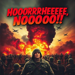 A dramatic and intense movie poster for a World War II film titled "HOOOOORRHEEEEE, NOOOOO!!" The poster features a chaotic battlefield scene with large explosions in the background, fiery smoke rising, and soldiers in action