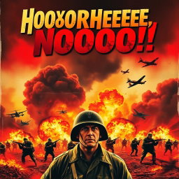 A dramatic and intense movie poster for a World War II film titled "HOOOOORRHEEEEE, NOOOOO!!" The poster features a chaotic battlefield scene with large explosions in the background, fiery smoke rising, and soldiers in action