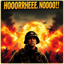 A dramatic and intense movie poster for a World War II film titled "HOOOOORRHEEEEE, NOOOOO!!" The poster features a chaotic battlefield scene with large explosions in the background, fiery smoke rising, and soldiers in action