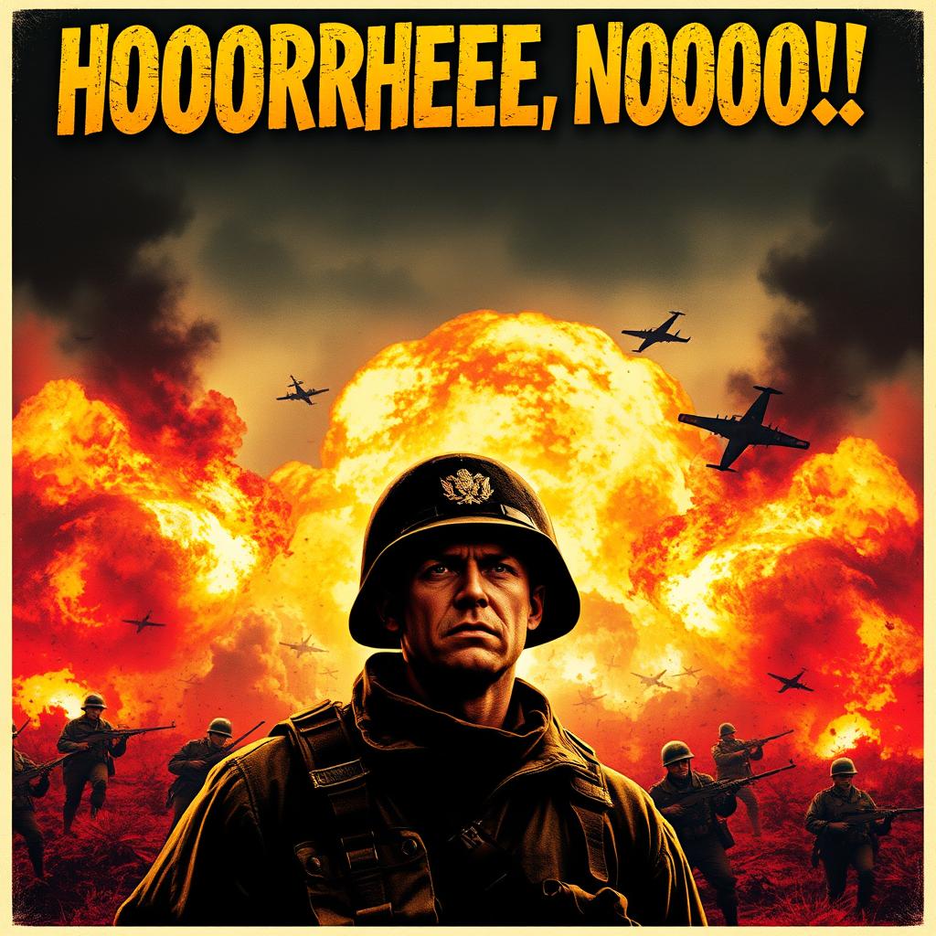 A dramatic and intense movie poster for a World War II film titled "HOOOOORRHEEEEE, NOOOOO!!" The poster features a chaotic battlefield scene with large explosions in the background, fiery smoke rising, and soldiers in action